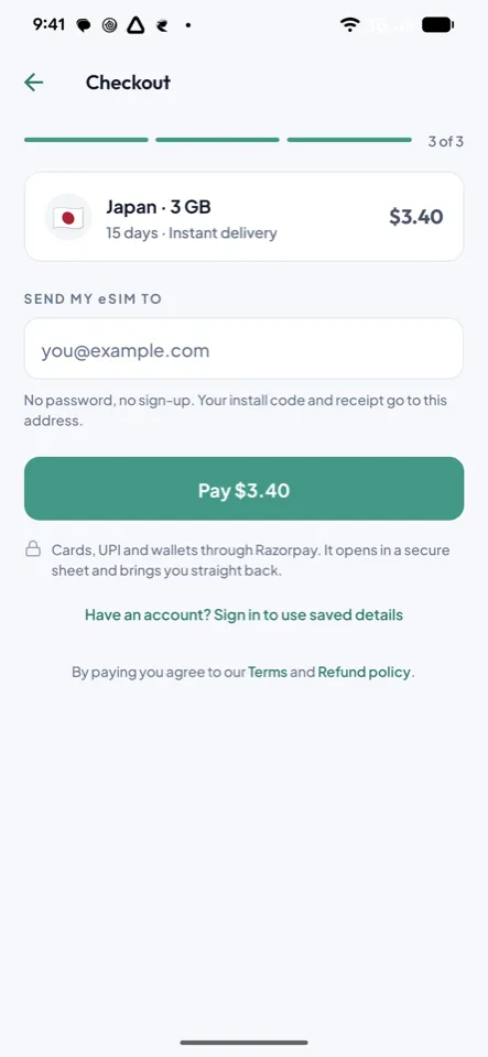 Checkout in the eSIM Roam app showing a Japan plan, the total and the pay button