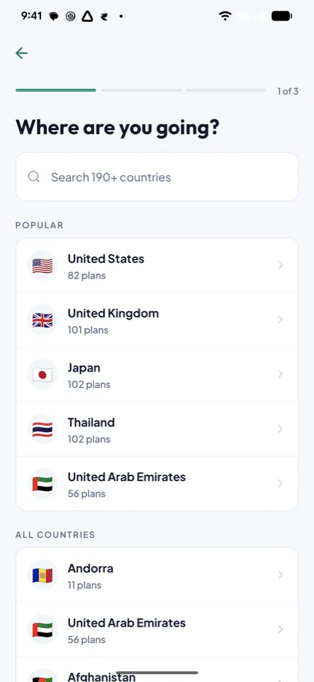Country search in the eSIM Roam app listing destinations with the number of plans available