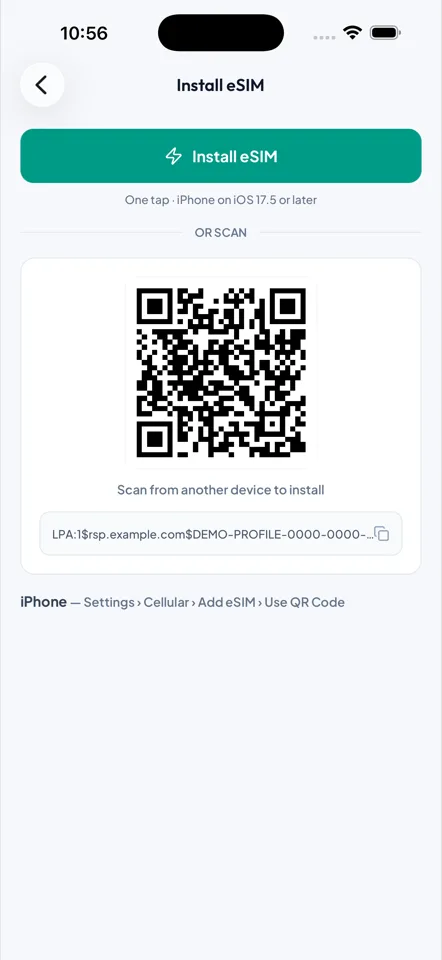 Install screen in the eSIM Roam app with a one-tap install button and a QR code