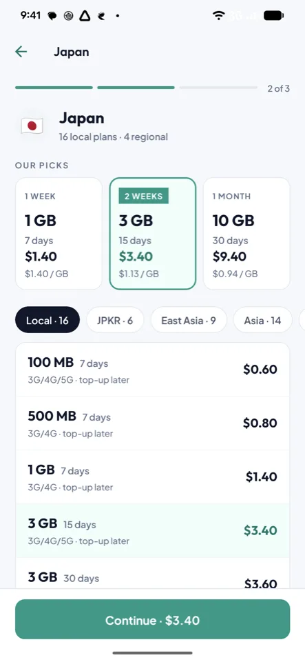 The eSIM Roam app showing data plans for Japan with price, data and validity for each plan