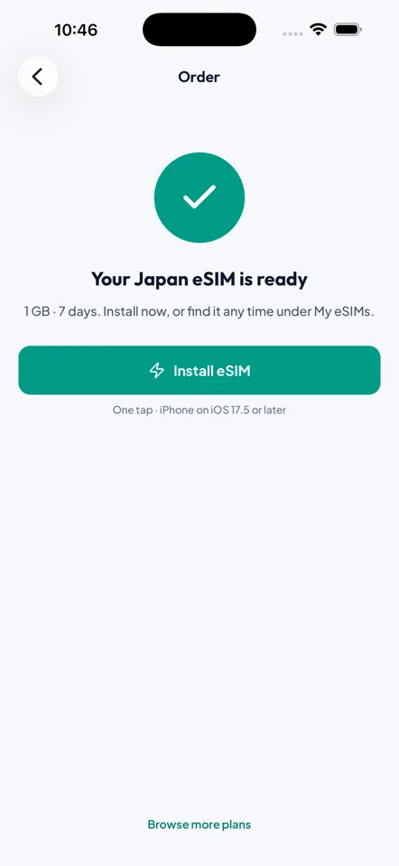 An eSIM ready to install in the eSIM Roam app with data remaining and validity